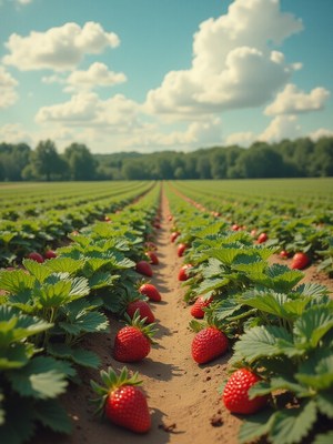 Strawberry field under bright blue sky with clouds