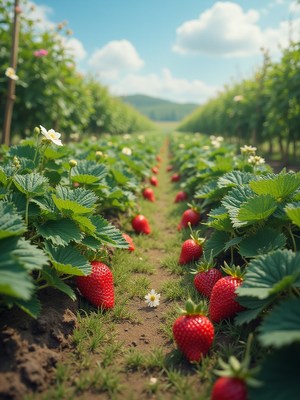 Strawberry field with ripe berries under blue sky