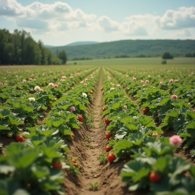 Strawberry field under a sunny sky during the summer