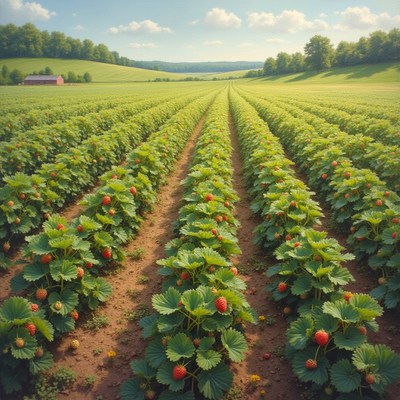 Strawberry fields stretch under clear blue skies