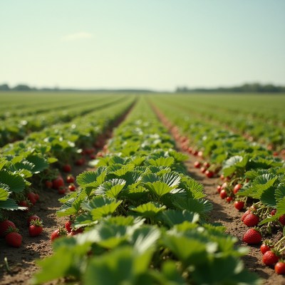 Strawberry field ripens under clear sky in summer