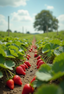 Strawberry harvest in a sunny field during summer