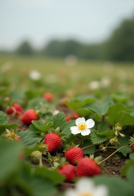 Strawberries and flowers in a lush field during summer