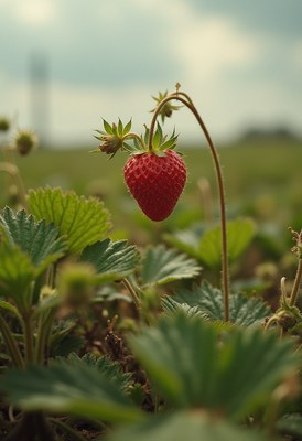 Fresh strawberry growing in a lush field during daylight