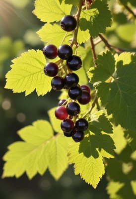 Fresh blackcurrants growing on lush green leaves
