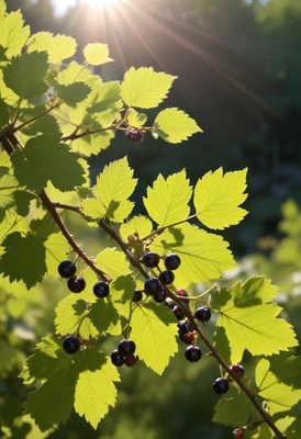Bright sunlight illuminates black currant branches