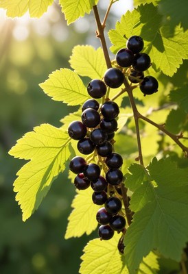 Black currants grow on a branch in the morning sunlight