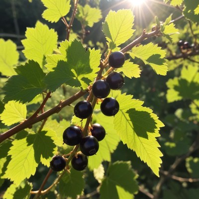 Black currants growing on a sunny day in nature