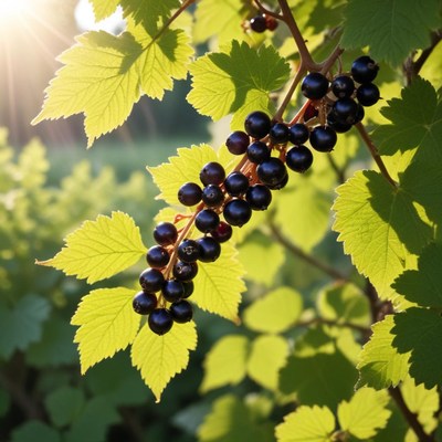 Blackcurrant berries shine in golden sunlight