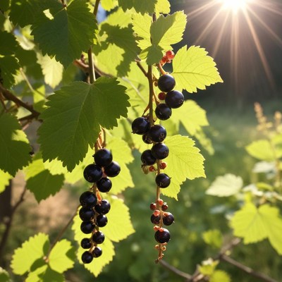 Black currants ripening in warm sunlight at sunset