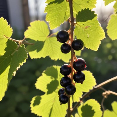 Blackcurrants growing on a vine in daylight