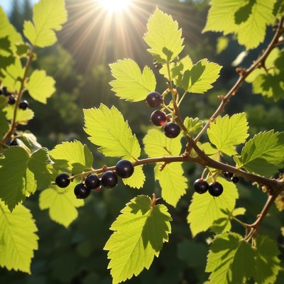 Sunlight filtering through blackcurrant leaves