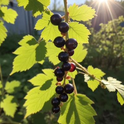 Black currants ripening in summer sunlight