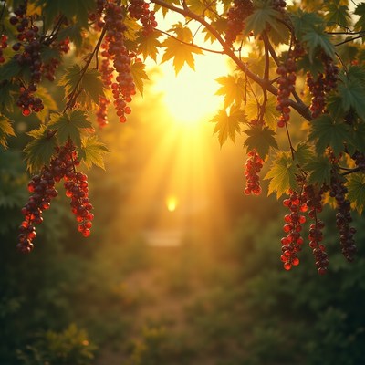 Sunset over vineyard with ripe grapes hanging softly