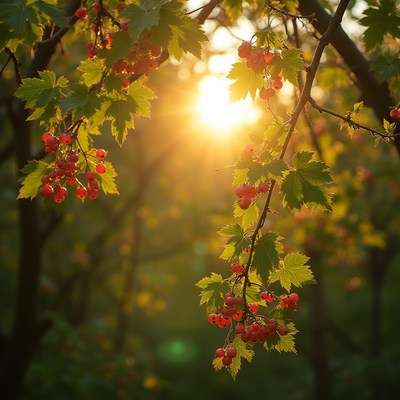 Nature shines with ripe red berries at sunset