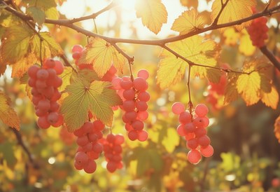 Grapes hanging on vine during autumn in golden sunlight