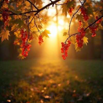 Sunlight filtering through leaves with ripe berries hanging