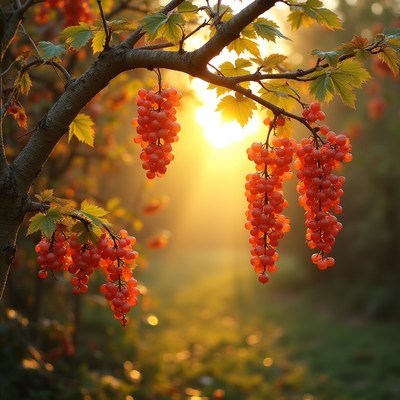 Vibrant berries illuminated by golden sunlight in nature