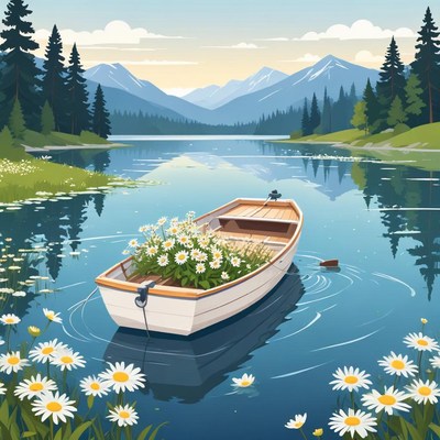 Boat filled with flowers drifting on a serene lake