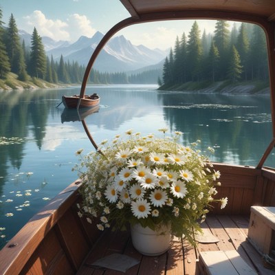 Boats drifting on a tranquil lake surrounded by mountains