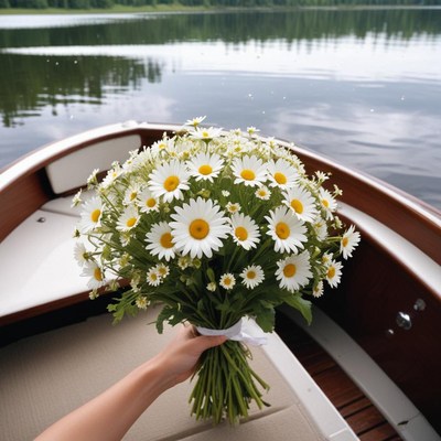 Holding a bouquet of daisies by the lake in summer