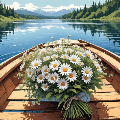 Flowers on a boat with scenic mountains and water