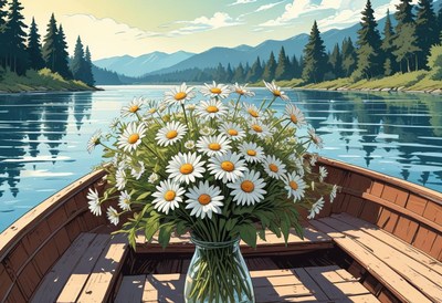 Daisies in a vase on a wooden boat by a serene lake