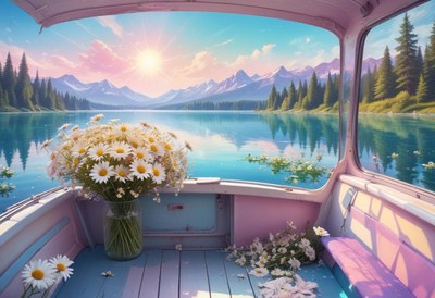 Scenic view from a boat filled with daisies at sunset