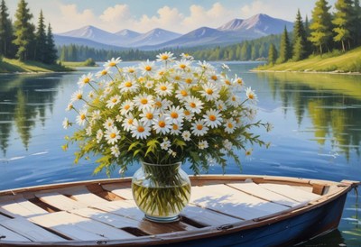 Beautiful daisies in a vase on a serene lake boat