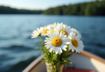 Bouquet of daisies in a boat on a serene lake
