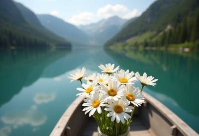 Beautiful daisies in a tranquil mountain lake setting