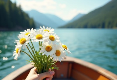Holding daisies on a boat in a serene lake landscape