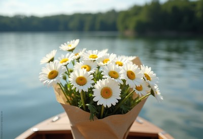 Beautiful bouquet of daisies on a serene lake