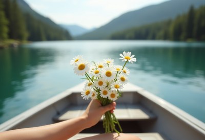 Holding daisies on a serene lake in the mountains