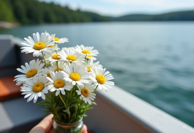 Holding a bouquet of daisies on a calm lake