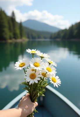 Holding daisies on a tranquil lake in the mountains