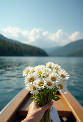 Beautiful bouquet of daisies on calm lake