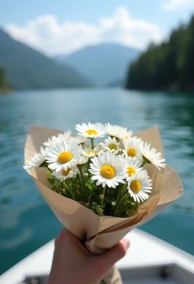 Beautiful bouquet of daisies on a boat in serene water
