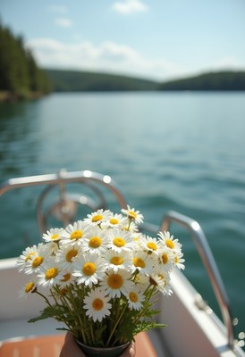Beautiful daisies on a boat ride by a tranquil lake