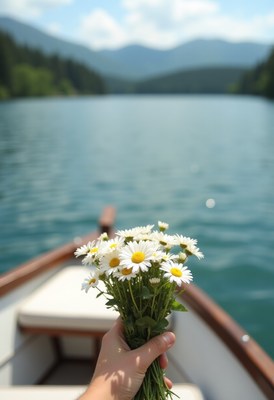 Holding daisies on a peaceful boat ride in nature