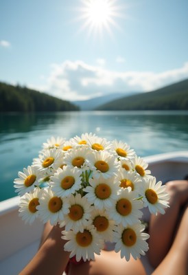 Sunlit boat trip with daisies by a calm lake