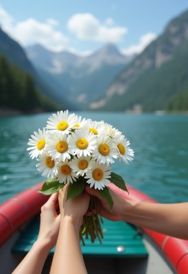 Holding a bouquet of flowers on a serene lake