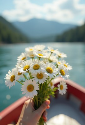 Boat trip with a bouquet of daisies by the water