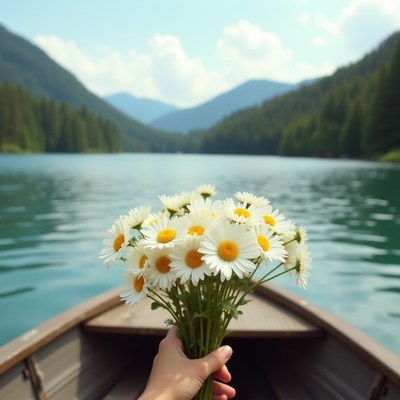Holding flowers while rowing on a tranquil lake