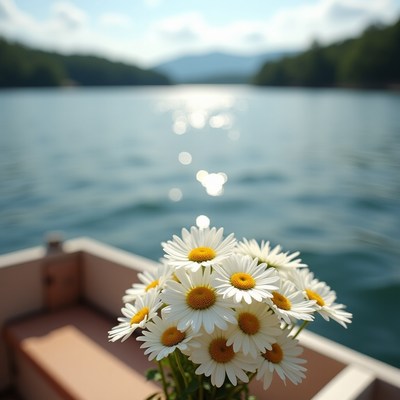 Boat with daisies on serene lake during sunny day