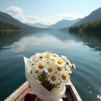 Bouquet by a serene lake and mountains