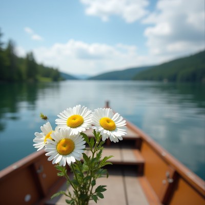 Flowers on a boat overlooking a tranquil lake