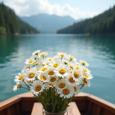 Flowers in a vase on a boat above sparkling lake water