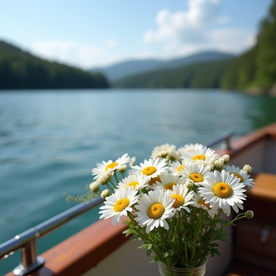 Beautiful bouquet of daisies on a boat in serene lake