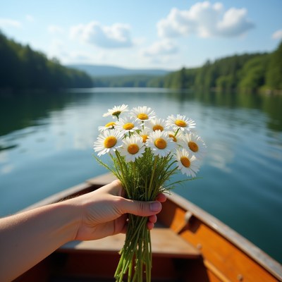 Hand holding flowers on a tranquil lake while boating